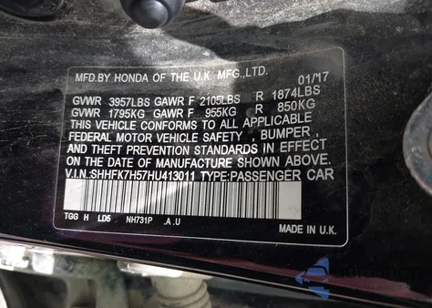 2017 Honda Civic Ex z USA, uszkodzony, nr VIN SHHFK7H57HU413011